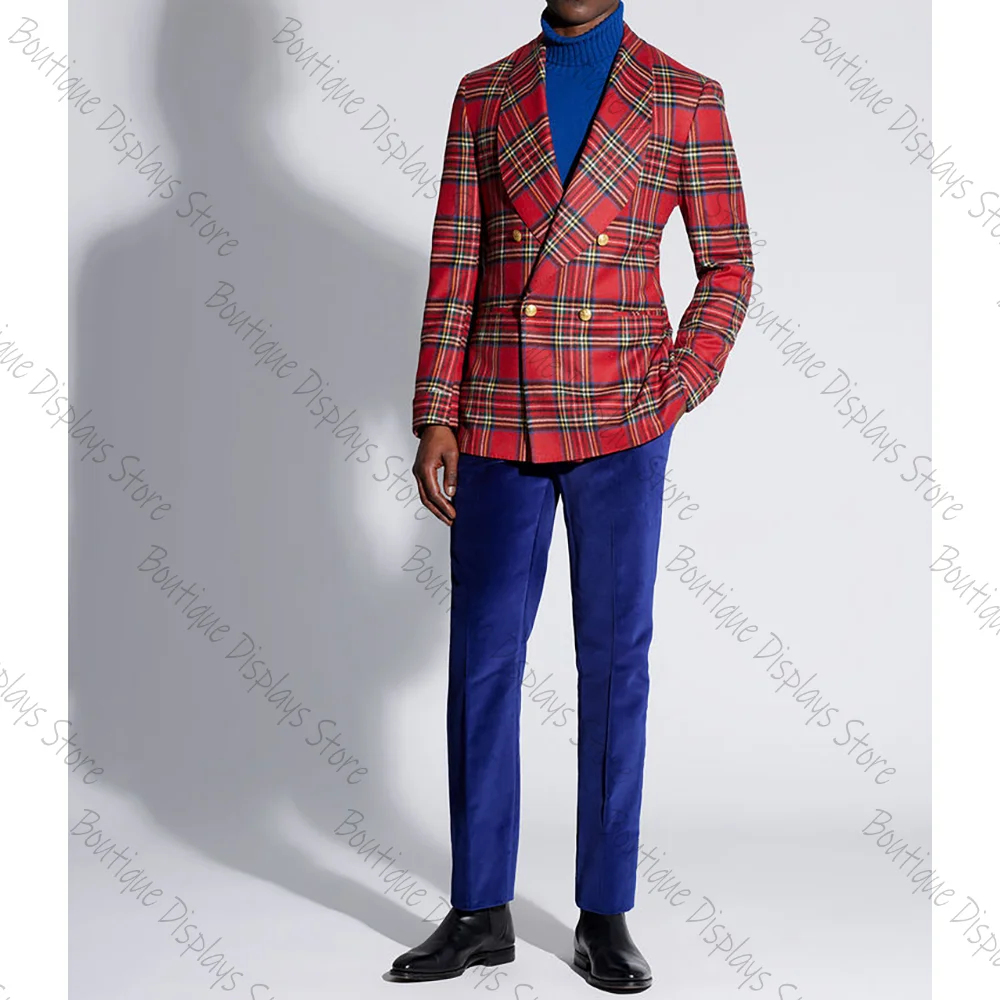 Red Grid Blazer Double Breasted Men Suit Two Pieces(Jacket+Pants) Outfits Casual Party Prom Clothing