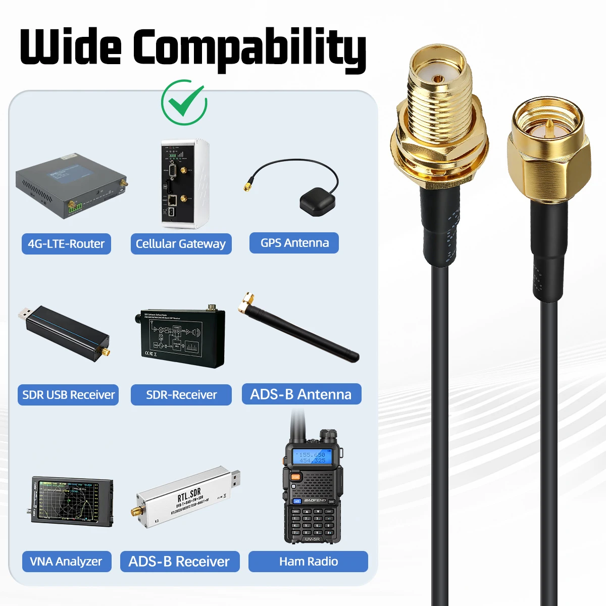 ABBREE Antenna Extension Cable SMA-SMA Male and Female Internal Screw Holes To External Screw Pins RG174 Coaxial Extension Cable