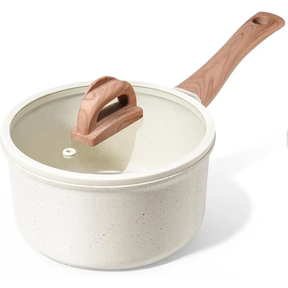Nonstick Saute Pan with Lid, 2.0 QT Small Non Stick Stock Pot with Stay-cool Handle, Induction Compatible Cooking Pot White Gran