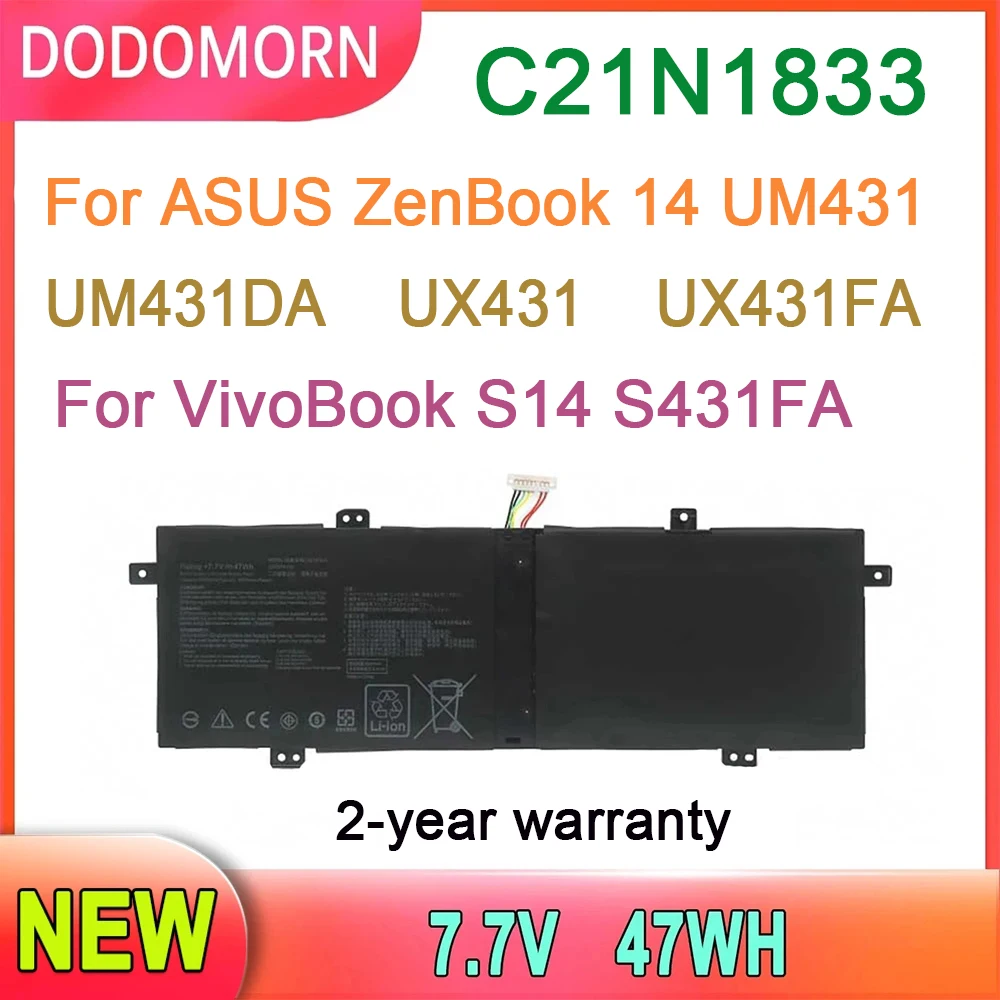 DODOMORN-Bateria do portátil para ASUS, ZenBook 14, UM431, UM431DA, UX431, VivoBook S14, S431FA, S431FL, Notebook, C21N1833, 0B200-03340000