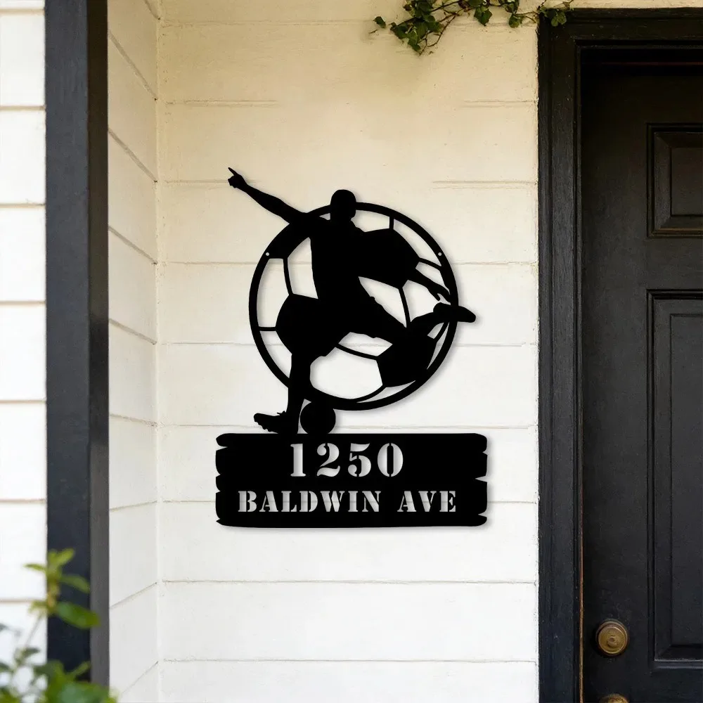 1pc Durable Modern Soccer Player Custom Metal Address Plaque Outdoor Front Porch Decor Gift For Football Lovers Father’s Day