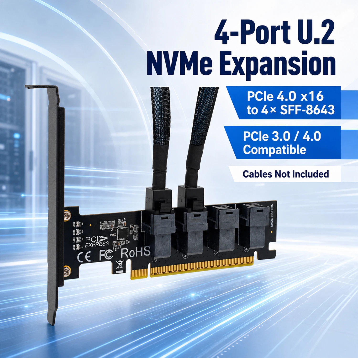 PCIe Gen4 X16 to 4X SFF-8643 U.2 NVMe SSD Adapter Card, SFF-8639 Storage Expansion for Server Workstation PC with LED Indicator