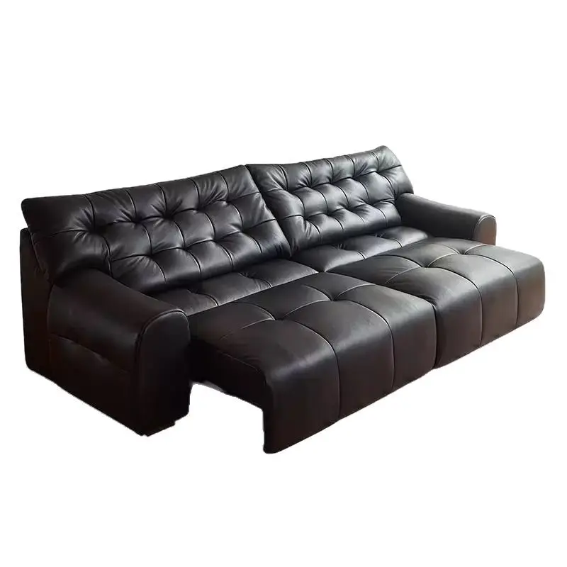 Italian minimalist leather first-floor sofa small apartment living room one-character three-person electric black sofa
