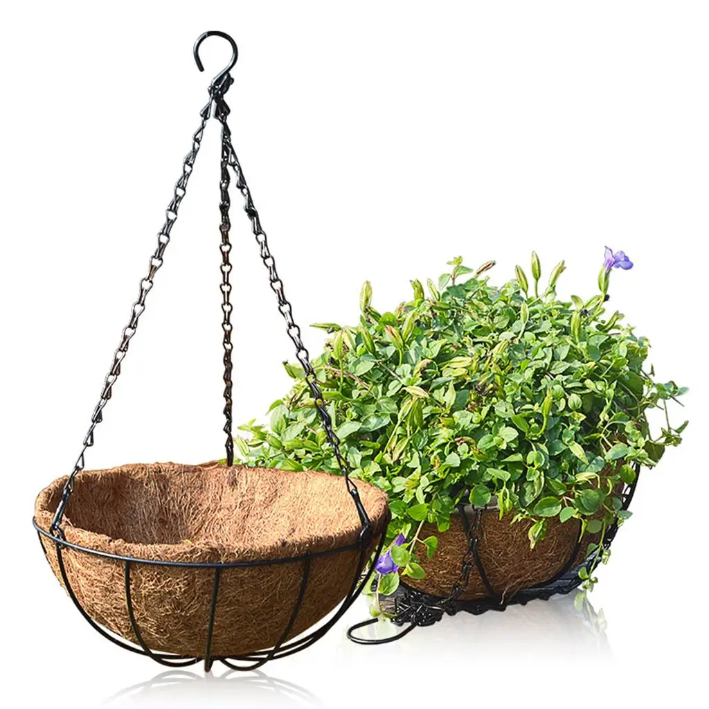 Hanging Flower Basket Metal Chain Planter Outdoor Coir Pot Plant Hanger for Garden Decoration