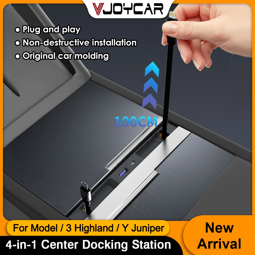 

Vjoycar 2026 Center Docking Station Retractable Cables for Tesla Model New Y Juniper 3 Highland 65W Fast Charging Expansion Dock