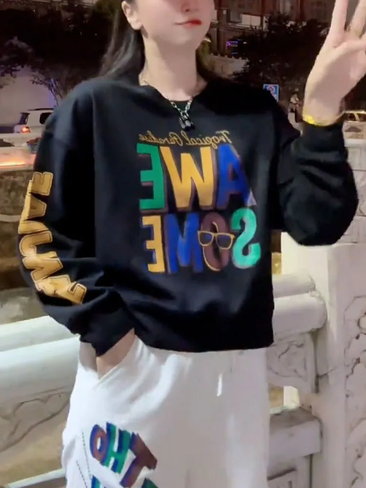 Suéter Feminino de Algodão com Estampa de Letras, Moda Outono, Novo, Manga Longa, Tamanho Pequeno, Anti-envelhecimento