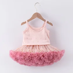 2 pezzi ragazze Tulle gonna bambina Tutu Pettiskirt gonna + gilet Set vestiti ragazza principessa gonne gonna per ragazze abbigliamento W-S1076