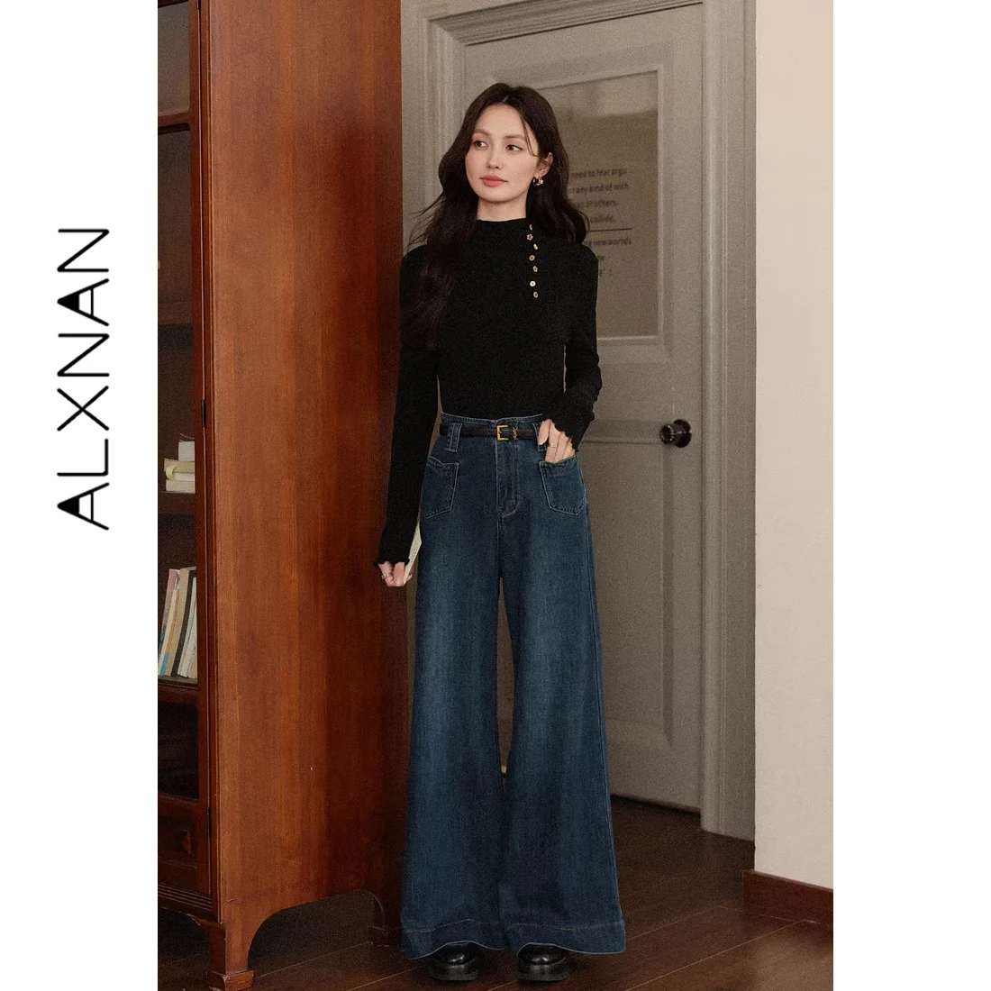 

ALXNAN Women Blue Baggy Jeans 2026 High Waist Straight Leg Flared Pants Vintage Elegant Casual Loose Fit Denim Trousers L576103
