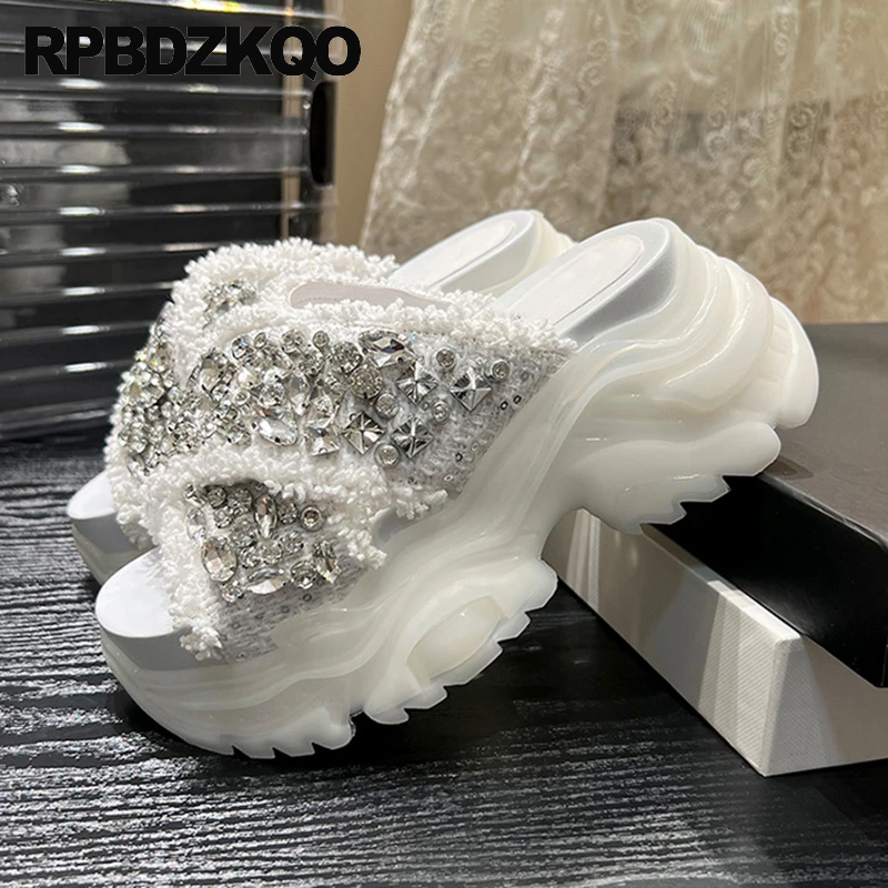 Open Toe High Heels Sandals Thick Wedges Flatforms Slippers Creepers Muffin Diamond Crystal Jewel Shoes Tweed Women Rhinestone