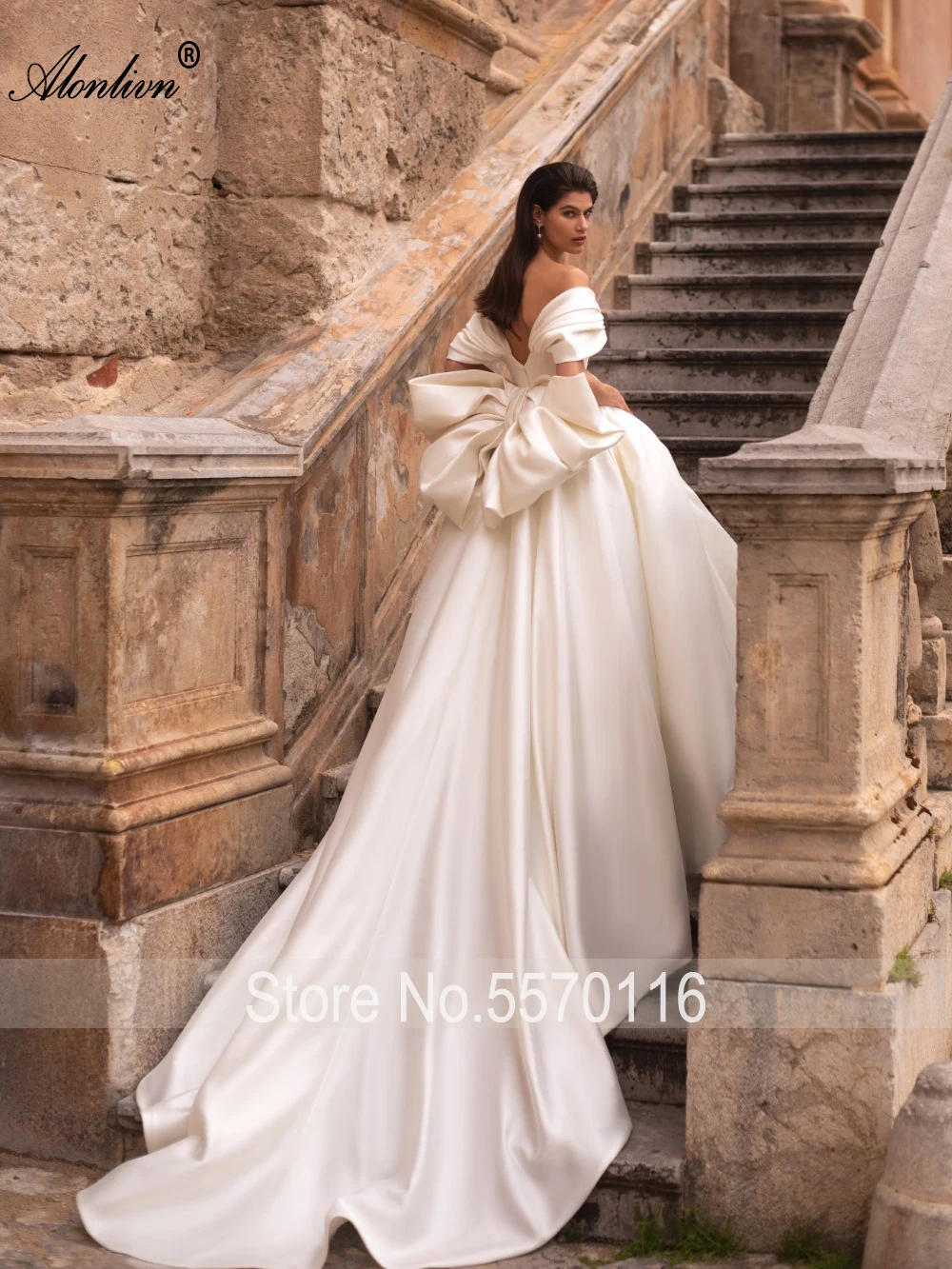 Alonlivn Elegant Satin Off The Shoulder Sleeves A-Line Wedding Dresses With Back Bow