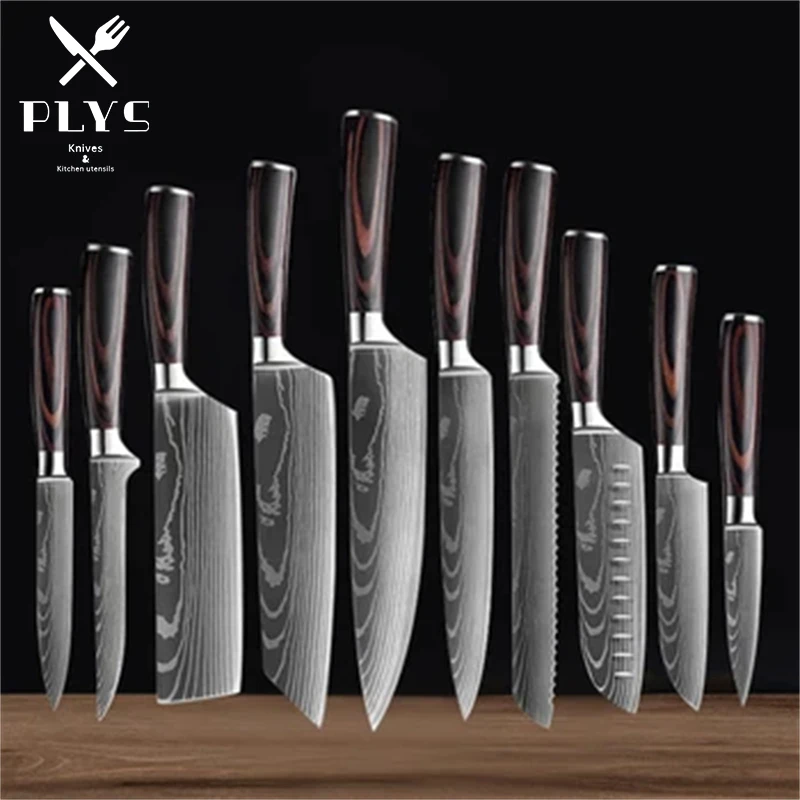 PLYS Damascus Pattern Kitchen Knife Set Stainless Steel Sharp Japanese Santoku Knife Chef's Knife Boning Knife