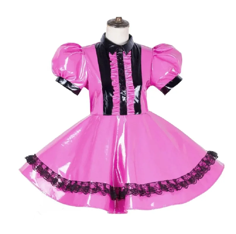 Adult PVC Collar With Fluffy Bubble Sleeves  Pleated Lace Hem On Chest Lace Skirt  Short Sleeved Dress