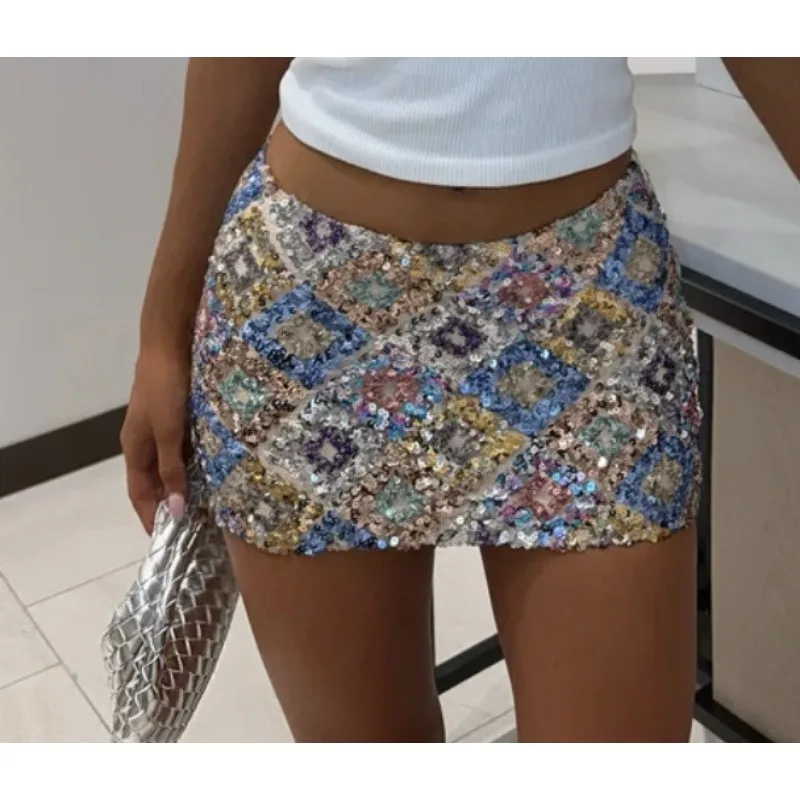 1 stks dames zomer minirok met pailletten - geometrische patchwork strakke rok, feest sprankelende korte rok voor club en avondje uit