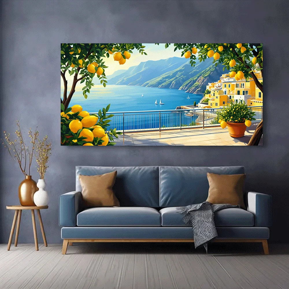1pc frameless Canvas Painting 1PC-Canvas poster Unframed  Lemon Tree Terrace Mediterranean Sea View Coastal Villa Landscape Art