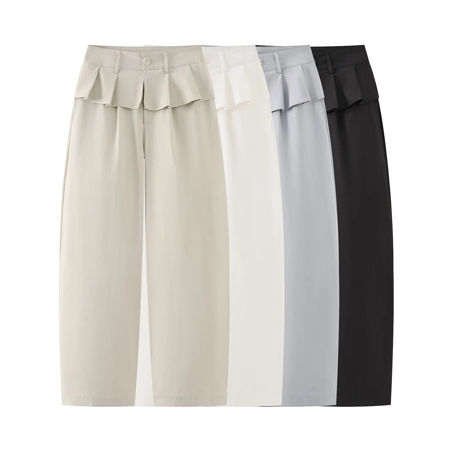 

Summer Women Pants Baggy High Waist Harem Trousers Beige Wide Leg Pants Ruffle Trim Waist Cropped Button Closure Black Pants