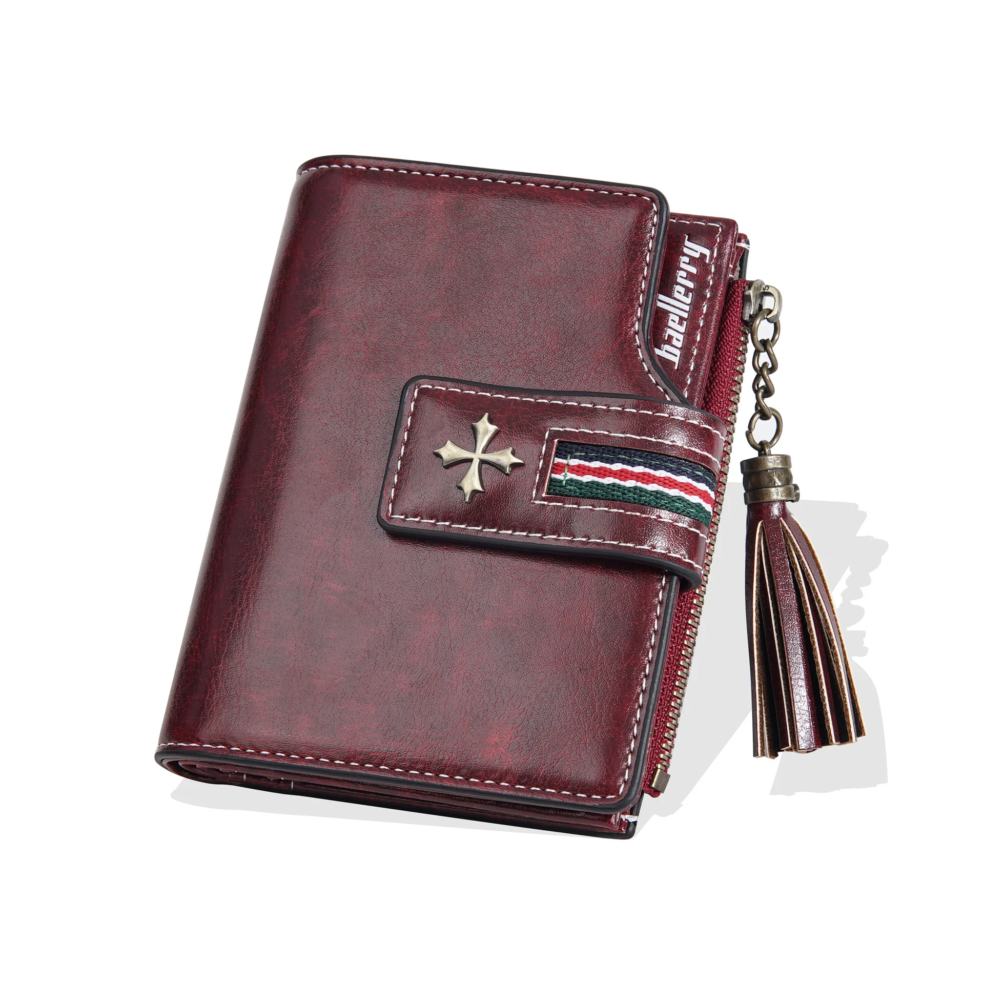 Neue PU-Damenbrieftasche mit Ölwachs-Lederquasten, Modische Dreifach Gefaltete Kurze Geldbörse, Mehrfach-Fach Reißverschluss-Münzbörse – Detail 6