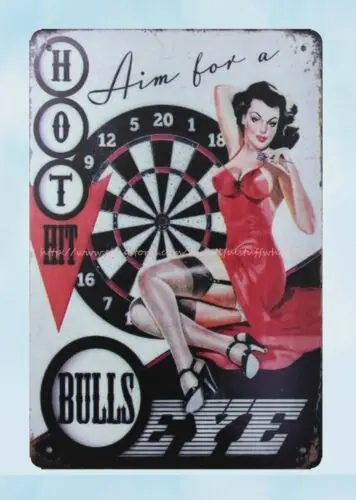 country decor Hot Hit Aim for Bulls Eye pin-up girl metal tin sign