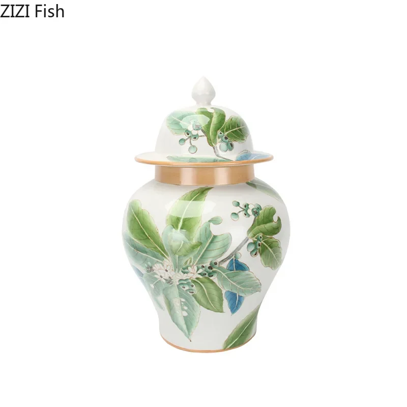 Green Leaves Pattern General Jar with Lids Ceramic Vases Flower Arrangement Desk Decoration Jewelry Jars Cosmetic Containers