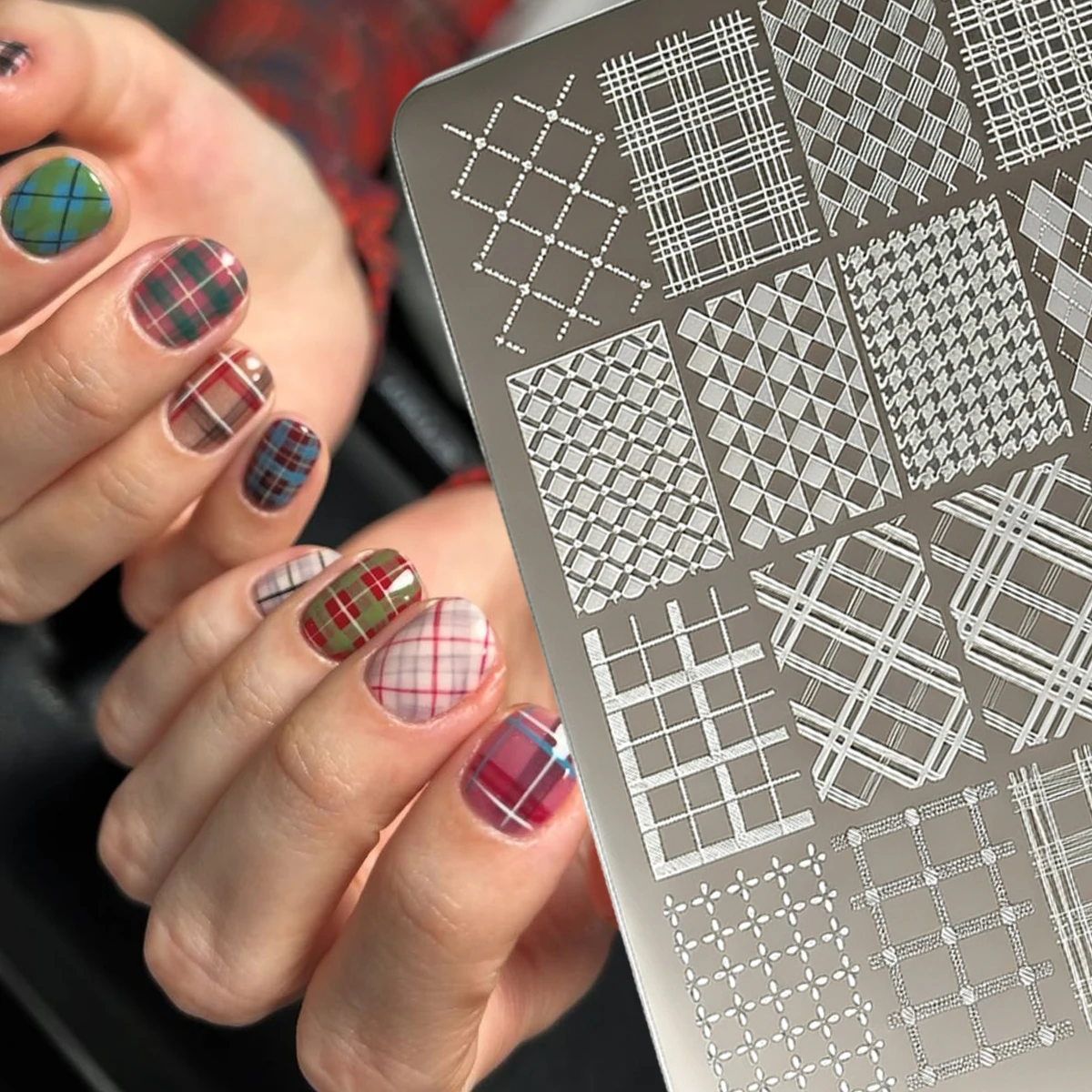 1Pc Nail Transfer Template 3D Multi Style Plaid Lattice&Diamond Grid Patterns Nail Stamping Plate DIY Autumn Manicure Nail Stenc