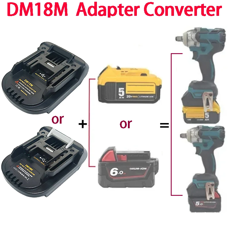 

DM18M Battery Adapter with USB Charging Socket for Milwaukee 18V for Dewalt 20V Battery Convert To for Makita 18V Li-Ion Battery