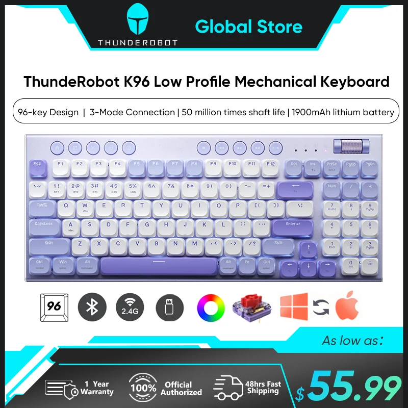 

ThundeRobot K96 Low Profile Gaming Mechanical Keyboard PBT Keycaps 1900 mAh Battery Bluetooth Keyboard for IOS Android Windows