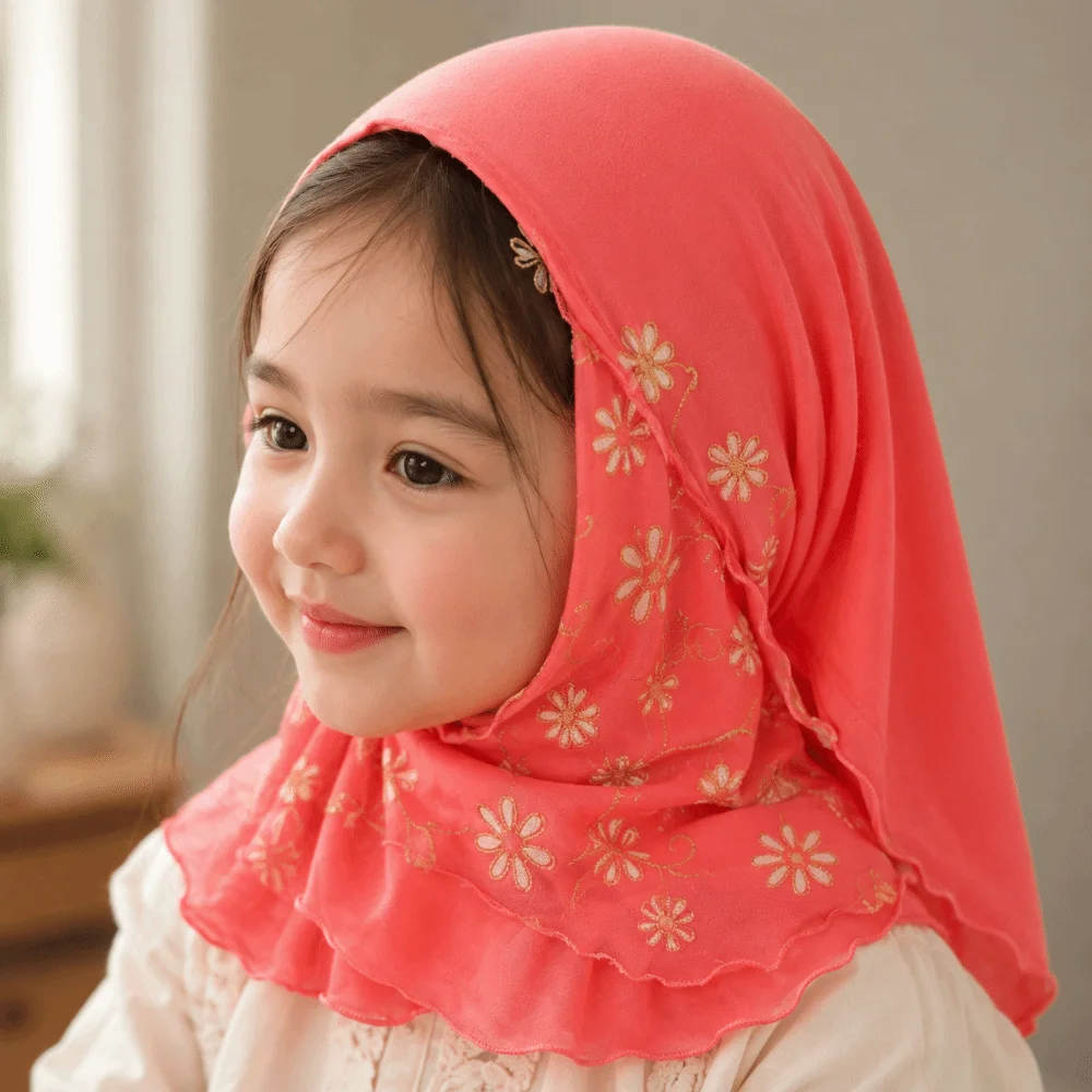 Beautiful Flower Net Small Girl Hijab Elastic Solid Pull On Instant Headscarf Cotton Mesh Islamic Scarf Shawl 2-6 Years Old
