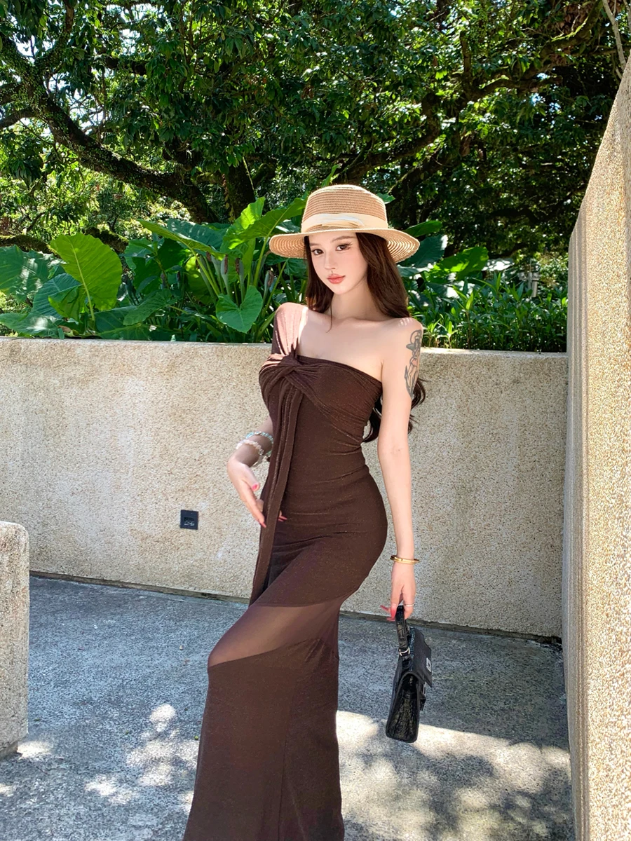 ReddaChic Vestido feminino com espartilho torcido e glitter, elástico, ombro de fora, rabo de peixe, maxi, malha longa, bodycon, festa, verão, noite, roupa de balada