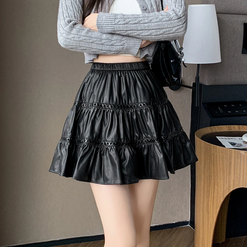 Coffee Brown Pu Puffy Ort Skirt Women's Winter New Sweet Layered Ruffled Edges Cake Skirts High Waist Slim A-line Mini Skirt