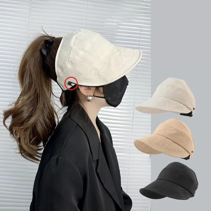 Foldable Wide Brim Ponytail Sun Hat Drawstring Adjustable Cap Summer Quick-dry Visor Fisherman CapFor Women Beach Hat