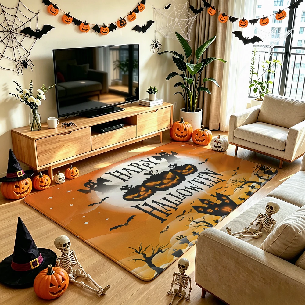 1pc Halloween pumpkin ghost haunted house silicone floor mat living room floor mat anti-slip silicone tufted carpet