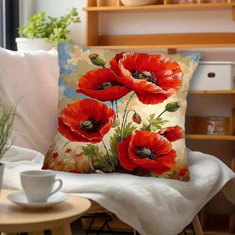 VIKAMA Vintage Poppy Pillow Cover Watercolor Floral Print Soft Cushion Case for Home Living Room Decor