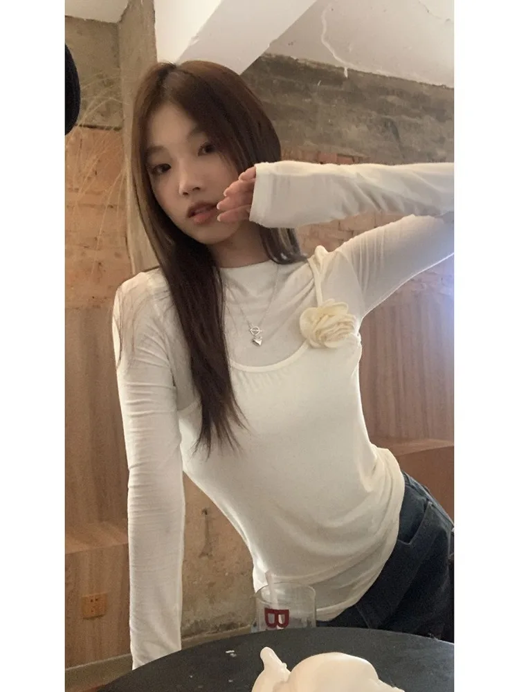 

Deeptwon Vintage Elegant Sexy T Shirts Women Korean Fashion Sweet Rose Design Fake Two-piece Longsleeve Solid Slim Tee Tops 2024