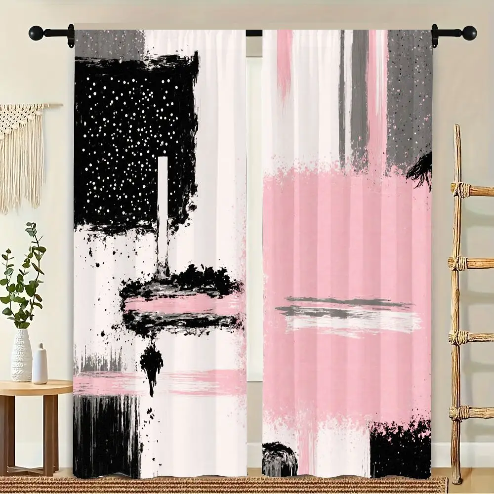 2PC Abstract Art Curtains – Pink, Black & Gray Brushstroke Design, 3D Flat Drapes for Living Room & Bedroom, Light Filtering