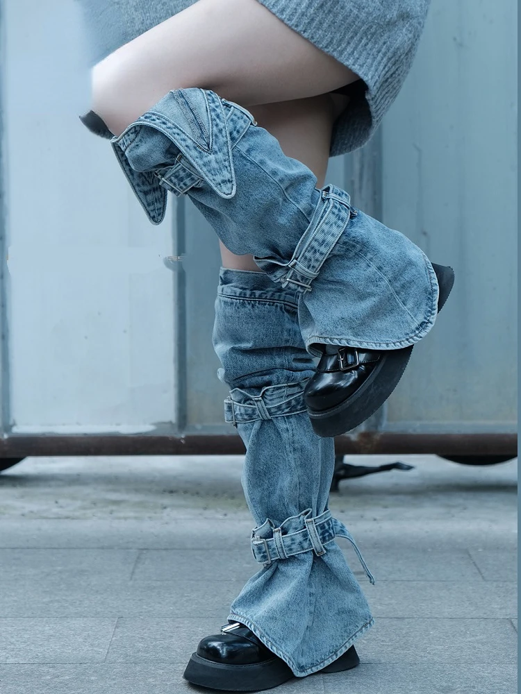 Harajuku ผู้หญิงขาอุ่นถุงเท้า Punk Rock Denim ปรับเข่าถุงเท้าสูงญี่ปุ่นแฟชั่น Streetwear ขา Legwarmers