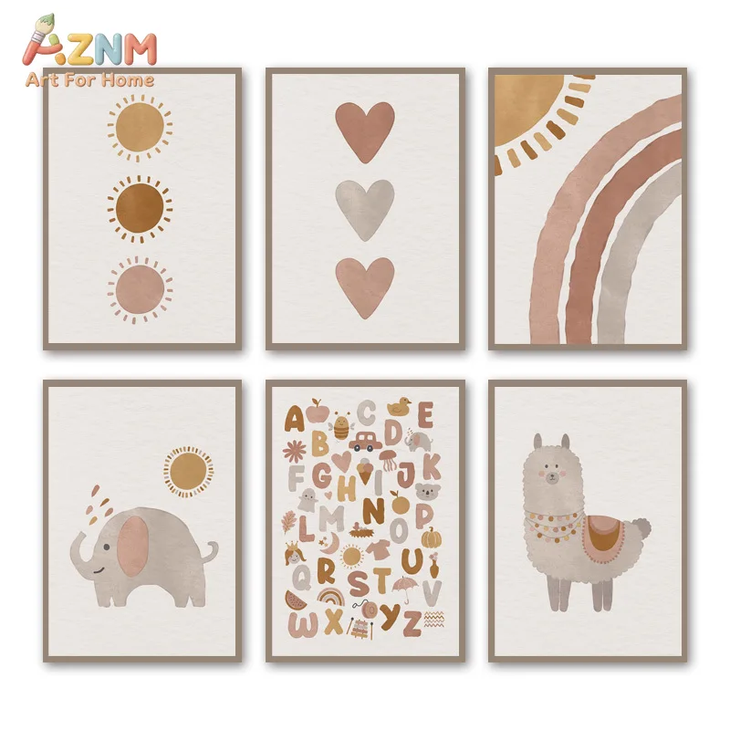 AZNM Boho Neutral Cartoon Elephant Canvas Print Rainbow Sun Heart Pastel Beige Minimalist Wall Poster Unframed Baby Nursery Deco