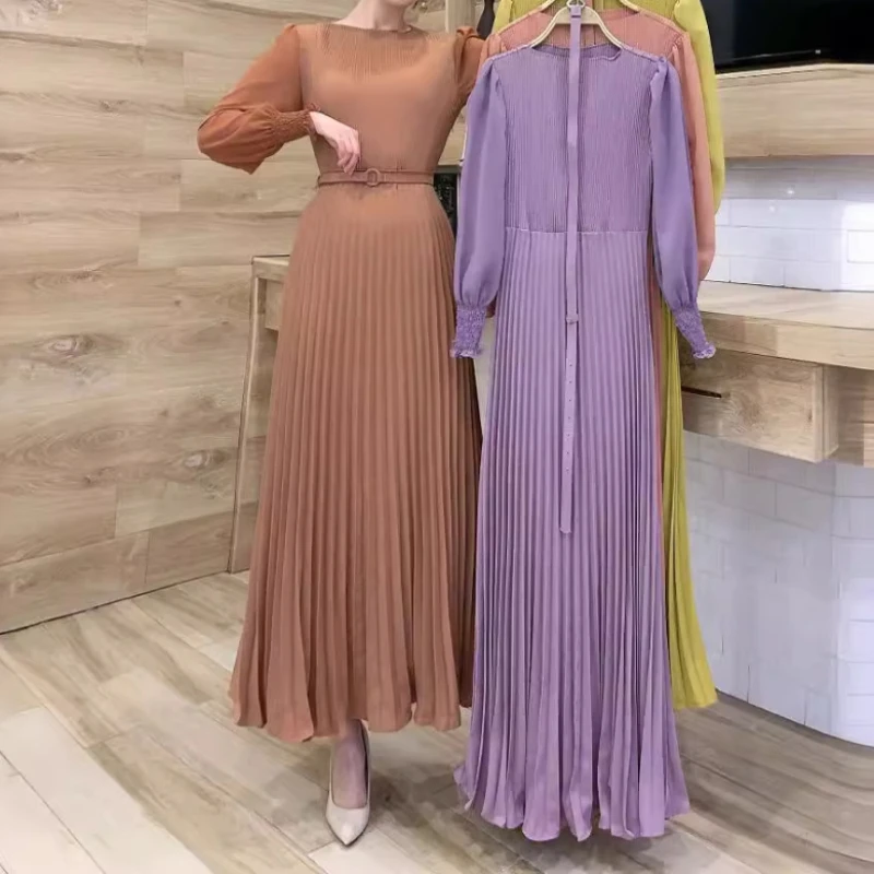 Pleated Dress Women Long Dresses A Line Round Neck Long Sleeve Party Maxi High Waist Belt Slim Sexy Elegant Splice Vestidos 2024