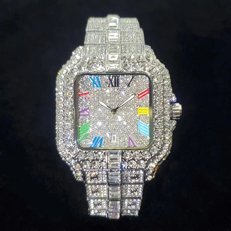 2026 New Luxury Iced‑Out Square Quartz Watch Unisex Colorful Numeral Dial Hip‑Hop Sparkling Jewelry Wristwatch for Men Women