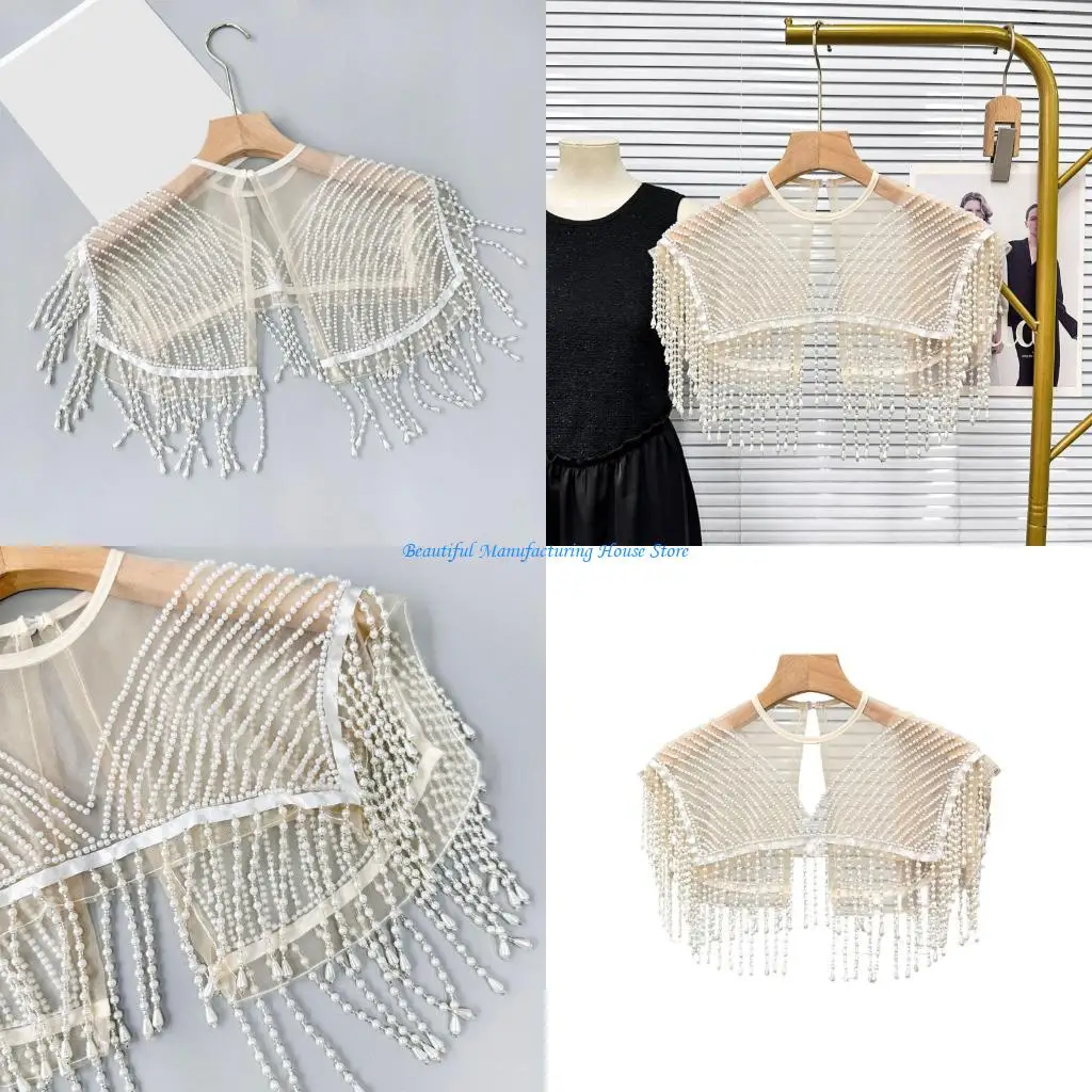 E56A Elegant Fringed Collar Neckwear Seethrough Sheer Shawl Wrap With Beadwork Pearls