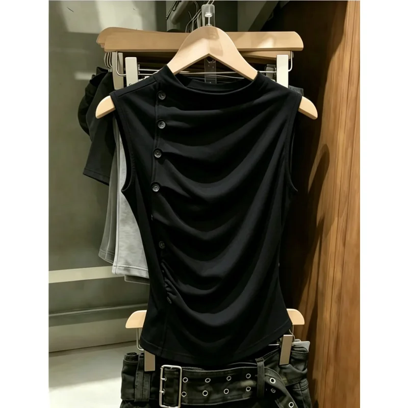 Elegant Black Button Design Pleated round Neck Sleeveless Vest Women's Summer New High-End Slimming Top Polyester Fiber
