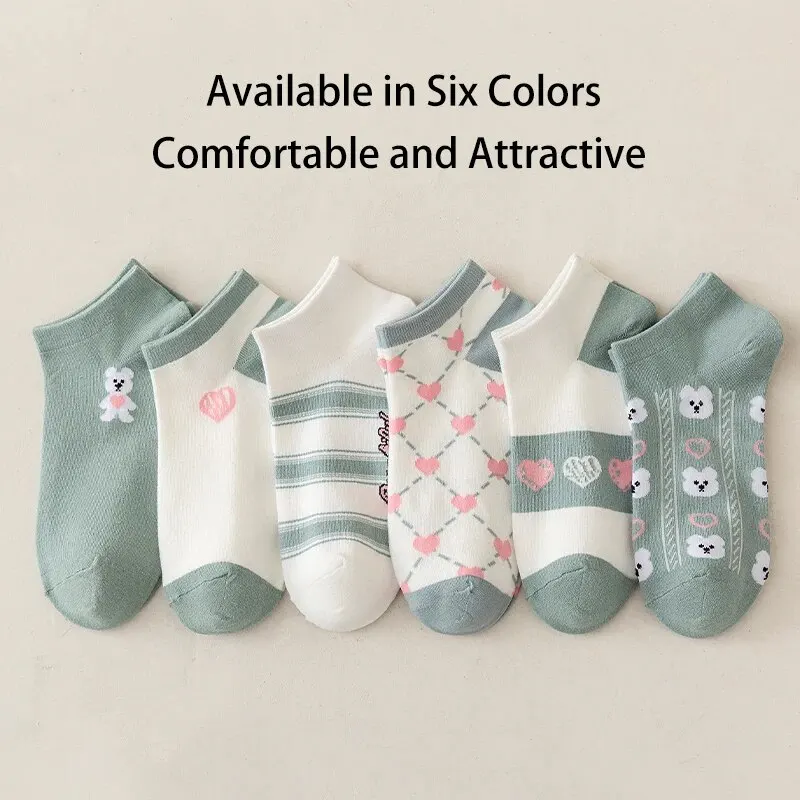 6 أزواج من الجوارب النسائية اللطيفة للربيع والصيف على شكل قلب وخطوط عصرية مريحة منخفضة القطع