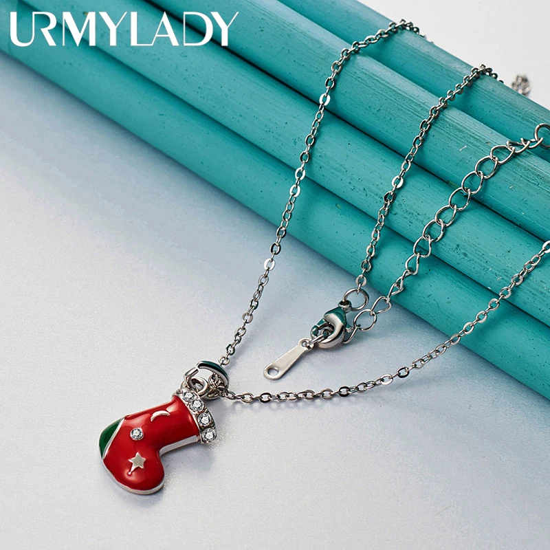 URMYLADY 925 Sterling Silver Christmas Stockings 16/18/20/22/24/26/28/30 Inch Pendant Necklace For Women Party Fashion Jewelry