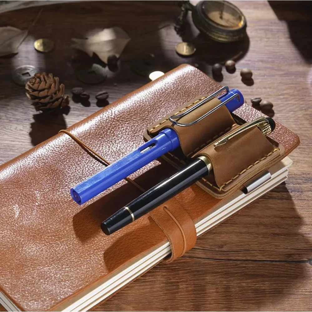 Fromthenon Vintage Top Layer Cowhide Double Pen Holder Handmade Crazy Horse Leather Traveler Notebook Pen Holder Stainless
