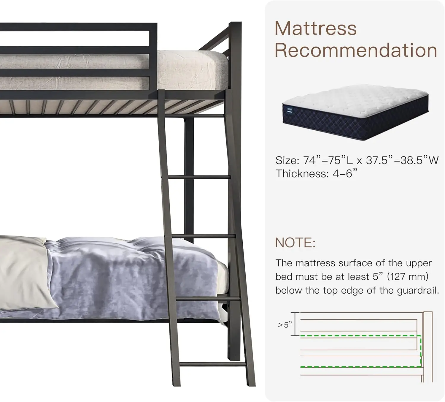 Metal bunk bed with safety 14 inch guardrail and sturdy inclined ladder, saving space/no need for box springs/matte black