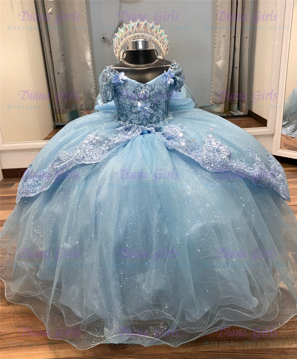 Gorgeous Sky Blue Flower Girl Dress Tulle Fluffy with Quality Applique for Little Princess Birthday Party Ball Customised Gowns
