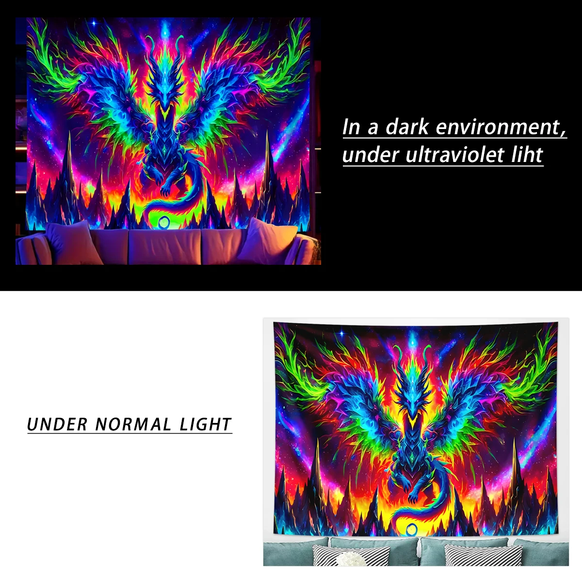 1pcFluorescent colored dragon tapestry, UV reactive black light tapestry, rainbow dragon e-sports room college wall hanging