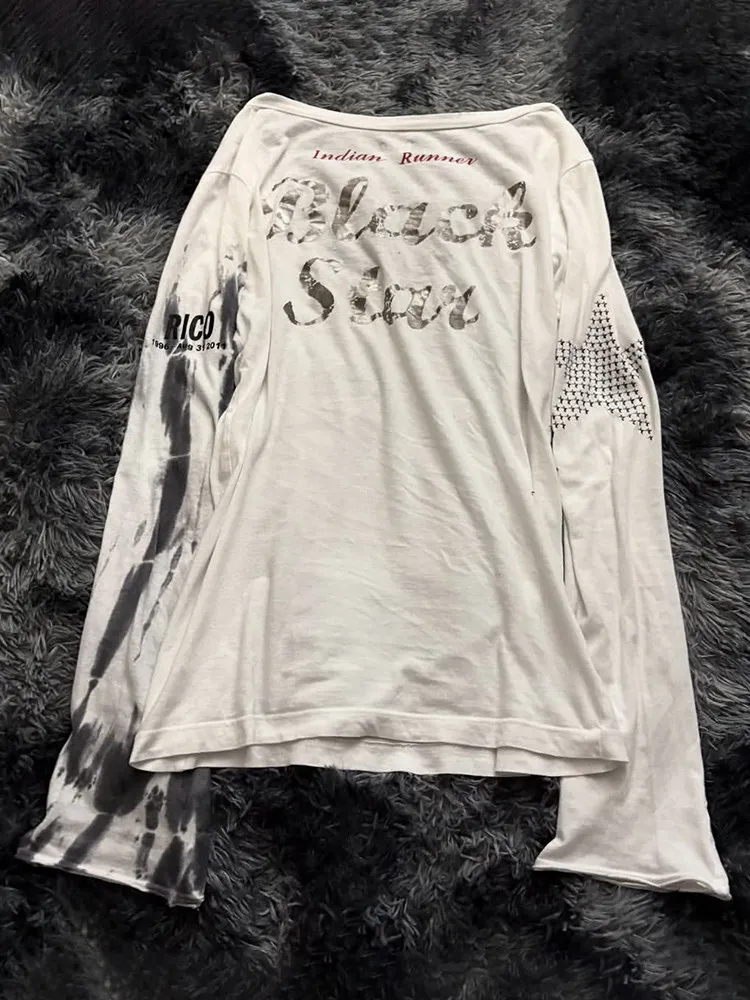 LGB visual sleeve splash ink print BLACK STAR rock style V-neck long-sleeved T-shirt