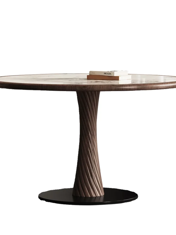 

Italian high-end solid wood rock slab dining table round with turntable household small apartment wabi **** black walnut color r