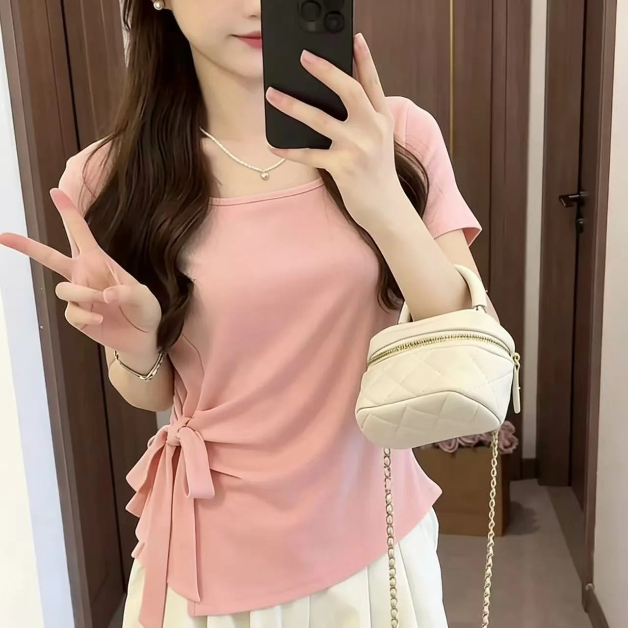 

2026 Summer New Women Lace Up Regular Shoulder Cotton Short Sleeve Tee Irregular Design Slim Cropped Fashion Match Daily Tops