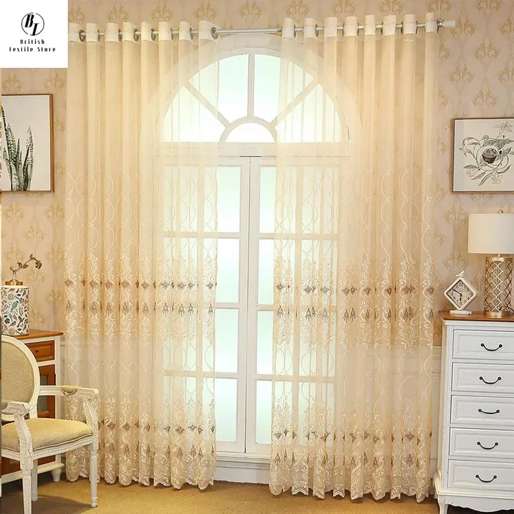 Nordic Beige Eight-character Flower Embroidered Tulle Curtains for Living Room Bedroom Dining Study Hall Classic Retro Decor 커튼