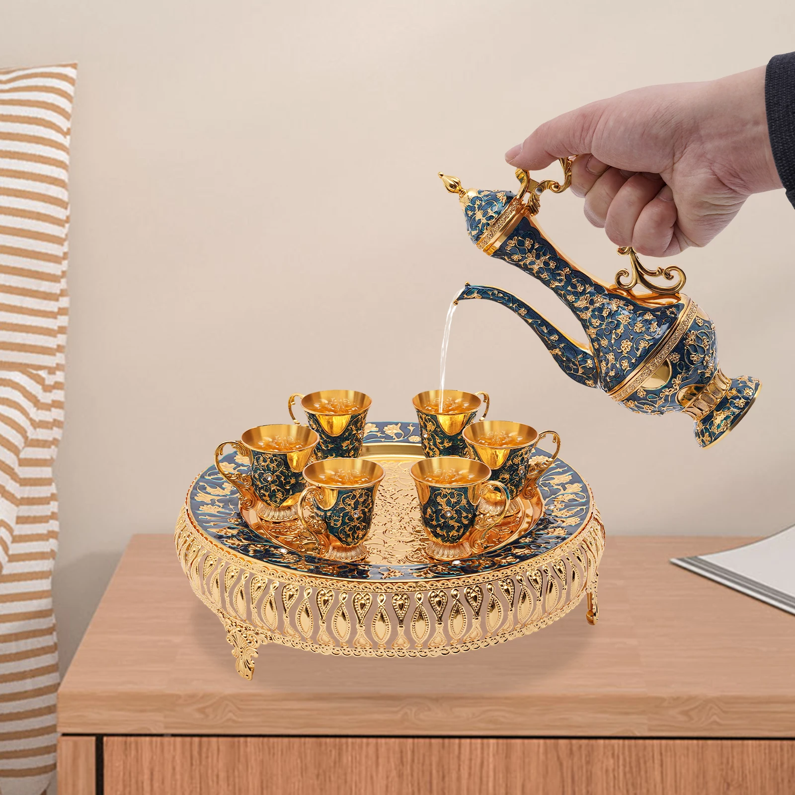 مجموعة خدمة الشاي الأوروبية المصنوعة من سبائك الزنك مع صينية 6 فناجين شاي 9.5 أونصة، هدية أنيقة لشاي بعد الظهر للمنزل والمكتب والترفيه #2